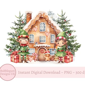 Christmas Gingerbread House & Elves PNG, Christmas Sublimation Design, Christmas Card Design, Santa Sack Design, Instant Digital Download