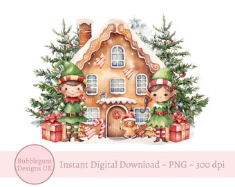 Christmas Gingerbread House & Elves PNG, Christmas Sublimation Design, Christmas Card Design, Santa Sack Design, Instant Digital Download