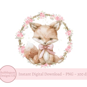 Joli renard en couronne de roses roses PNG, renard des bois rose noeud sublimation Design, conception de fête des bois pour filles, renard, téléchargement immédiat