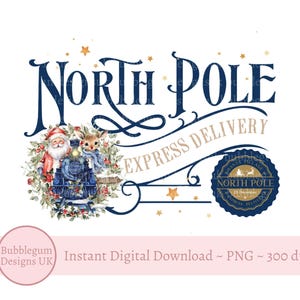 Noordpool Express Delivery Blue Christmas Design, Santa Reindeer Train PNG, sublimatieontwerp, Santa Sack-ontwerp, instant digitale download