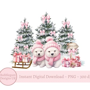 Twin Polar Bears Christmas PNG, Igloo Sublimation Design, Christmas Eve Box PNG, Pink Polar Bears, Sisters, Twins, Instant Digital Download