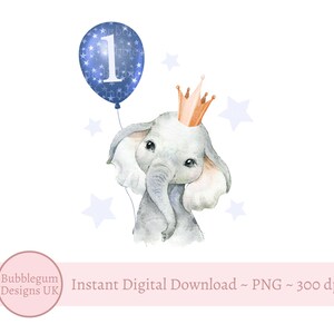 Bebê elefante 1º aniversário PNG, Elefante em aquarela com coroa de festa, Imagem de cartão de primeiro aniversário, Download digital instantâneo