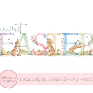 Mi primer conejito de Pascua con letras de arcoíris PNG, primer diseño de sublimación de Pascua, diseño de bolsa de golosinas de Pascua, tarjeta de Pascua, descarga digital instantánea