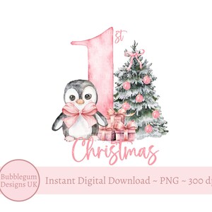 Pingüino rosa de Navidad y árbol de Navidad PNG, Pingüino rosa, Primera Navidad del bebé, Diseño de sublimación de pingüino, Descarga digital instantánea