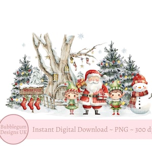 Babbo Natale e gli elfi del bosco natalizio PNG, disegno a sublimazione della foresta invernale, primo disegno del biglietto di Natale, disegno del sacco di Babbo Natale, download digitale istantaneo