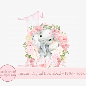 Rosa Blumen Baby Elefant 1. Geburtstag PNG, Aquarell Elefant Sublimationsdesign, Rosa Safari erster Geburtstag, sofortiger digitaler Download,