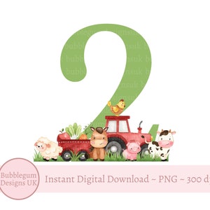 Roter Traktor Bauernhof Tier 2. Geburtstag PNG, Bauernhof Tiere Sublimationsdesign, Geburtstag T-Shirt Design, Kuh, Lamm, Schwein Sofortiger digitaler Download