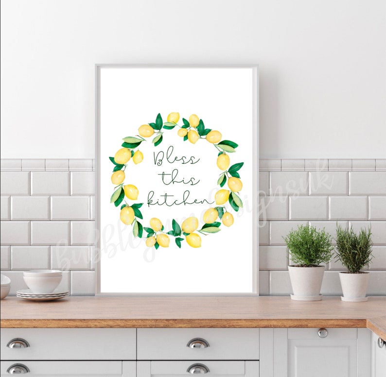 Lemon Wreath Kitchen Wall Art Lemons Print Bless This Etsy