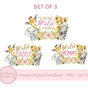 3 x FAMILIEBUNDEL Young Wild & drie babysafaridieren png, safari T-shirt sublimatieontwerpen, meisjes 3e verjaardag instant digitale download