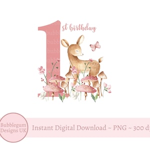 Woodland Baby Deer PNG, Design de Sublimação, 1º Aniversário de Meninas Rosa, Design de Primeiro Aniversário de Veado, Download Digital,