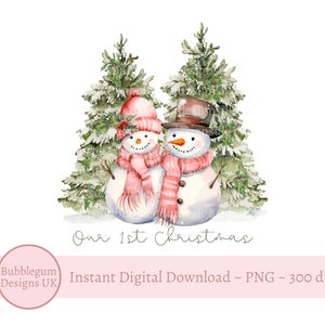 Nosso 1º Natal Bonecos de Neve PNG, Casal Primeiro Natal, Bonecos de Neve Rosa Sr. e Sra. Design de Sublimação, Download Digital Instantâneo