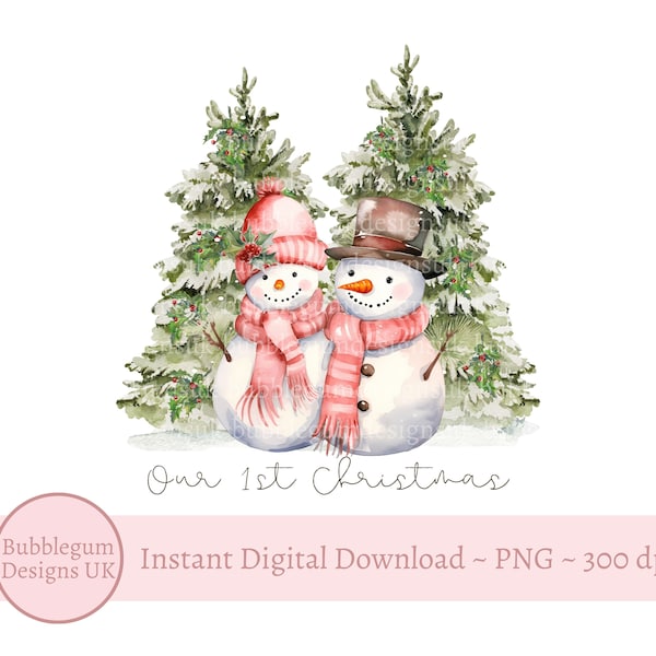 Our 1st Christmas Snowmen PNG, Couple First Christmas, Pink Snowmen Mr & Mrs Sublimation Design, Instant Digital Download