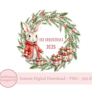 Rotes Kaninchen 1st Weihnachten 2025 Kranz, Bunny Sublimationsdesign, erste Weihnachtskarte Design, Santa Sack Design, sofortiger digitaler Download