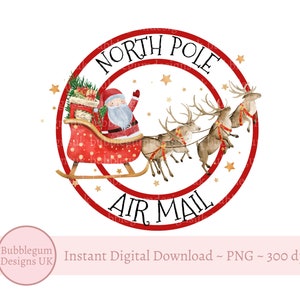 North Pole Air Mail, Santa Mail Christmas Sticker Design, Santa Post, Christmas Letter Stamp, PNG, Sublimation, Instant Digital Download