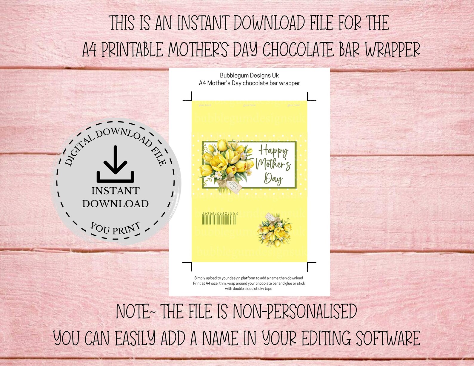 Yellow Cholate Rapper Printable Mother's Day Chocolate Bar Wrapper, Mother's Day Yellow Tulip ...