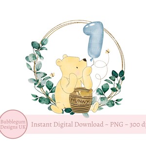 Winnie l'ourson 1er anniversaire PNG, conception de sublimation d'anniversaire ourson, bleu 1er anniversaire, premier anniversaire Winnie l'ourson, téléchargement numérique instantané
