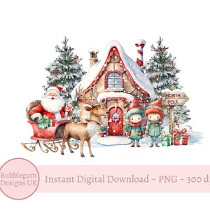 Slitta di Babbo Natale e elfi nel bosco di Natale PNG, design a sublimazione invernale, design per biglietti di Natale, design per sacco di Babbo Natale, download digitale istantaneo