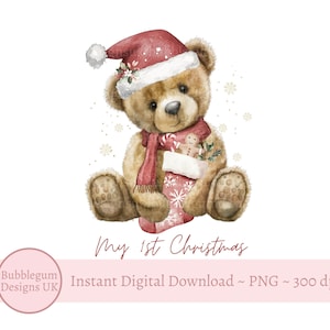 Ours de Noël père Noël PNG, conception de sublimation d'ours, ours en peluche de Noël, conception de carte de Noël, conception de sac de père Noël, téléchargement numérique instantané