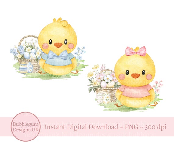 Set of 2 Easter Chick Designs, PNG, Blue & Pink Chick, Baby's 1st Easter T Shirt Design, Easter Sack, Instant Digital Download