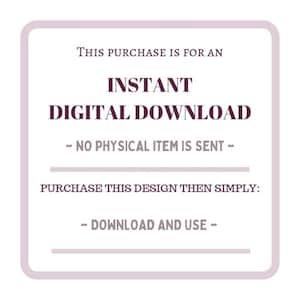 Pode incluir: Um gr&aacute;fico de download digital roxo e branco com o texto "THIS PURCHASE IS FOR AN INSTANT DIGITAL DOWNLOAD - NO PHYSICAL ITEM IS SENT - PURCHASE THIS DESIGN THEN SIMPLY: - DOWNLOAD AND USE -"
