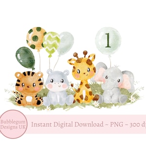 Bébés animaux de safari avec des ballons PNG, aquarelles bébés animaux, t-shirt en sublimation, première carte d'anniversaire, téléchargement immédiat