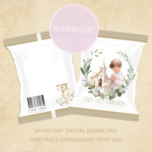 Paquete de obsequios para la primera comunión, tamaño A4, imprimible en formato JPG, bolsa de obsequios para la comunión, fiesta de primera comunión, niño rezando, descarga digital instantánea