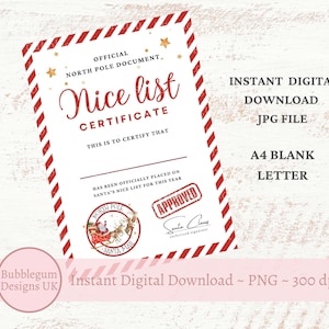 Santa's Schöne Liste Zertifikat, A4 Nordpol Santa Mail Weihnachtsbrief, Weihnachtsmann Schöne Liste, JPG, Sofortiger digitaler Download