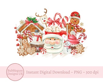 クリスマスベーカリーのスイーツ昇華デザイン、PNG、ホットココアの看板、サンタの袋、クリスマスマグカップのデザイン、インスタントデジタルダウンロード