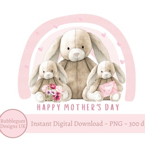Glückliche Muttertag Mummy & Baby Bunny Rosa Regenbogen Sublimationsentwurf, PNG, Muttertagskartendesign, Mama Bär, sofortiger digitaler Download