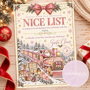 May include: A cream-colored certificate titled Official North Pole Certificate Nice List with a pink bow at the top. It features a pink train, Santa Claus, a deer, and a squirrel in a snowy forest. The text includes the name Sophia and Santa Claus.