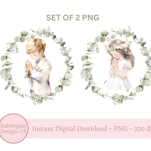 Conjunto de 2 diseños de primera comunión, PNG, diseños de tarjetas con coronas para niños y niñas rezando, diseños de alcancías, descarga digital instantánea