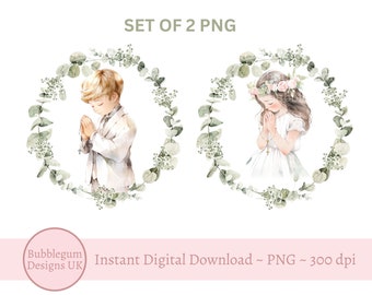 Set Of 2 First Holy Communion Designs, PNG, Praying Girl & Boy Wreath Card Designs, Money Box Designs, Instant Digital Download