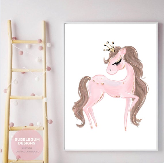 Ballerina Nursery Decor Printable Wall Art Pink Pony with Flower Crown