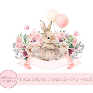 Tutu Ballerina Bunny Floral PNG, Baby T-Shirt Sublimationsdesign, Häschen 1. Geburtstag, Ballettkaninchen, Baby Geburtstag, sofortiger digitaler Download