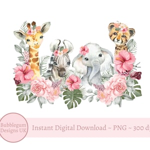 Meninas Rosa Safari Animais PNG, Aquarela Bebês Animais, Camiseta Sublimação Design, Rosa Safari Aniversário, Instant Digital Download