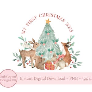 My First Christmas 2025 Winter Woodland PNG, Fox, Bunny, Deer Sublimation Design, Christmas Sack Design, Baby Shirt Instant Digital Download
