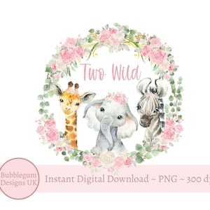 Meisjes twee wilde baby safaridieren krans PNG, 2e verjaardag T-shirt sublimatie ontwerp, verjaardagskaart ontwerp, instant digitale download