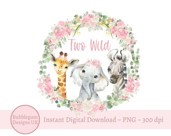 Mädchen zwei wilde Baby Safari Tiere Kranz PNG, 2. Geburtstag T-Shirt Sublimation Design, Geburtstagskarte Design, sofortiger digitaler Download