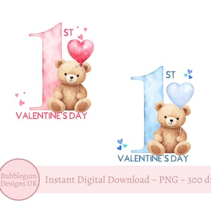 Set of 2 - 1st Valentine's Day Bear PNG, Baby's First Valentine, 1st Valentine's Day Sublimation, Bear PJ Design, Instant Digital Download