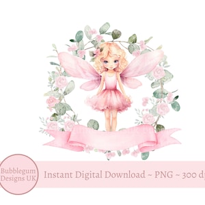 Guirlanda de flores de fada rosa PNG, design de sublimação de fada, decoração de festa de aniversário de fada, fada caprichosa, cartão de fada, download digital instantâneo