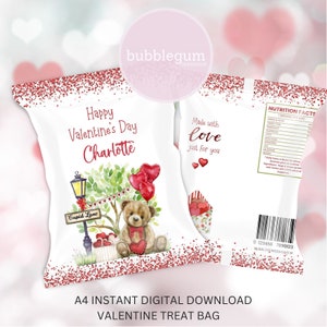 Teddy Bear & Heart Balloons Valentine's Day Treat Packet, A4 Printable JPG, Valentine Bag, Happy Valentine's Day, Instant Digital Download