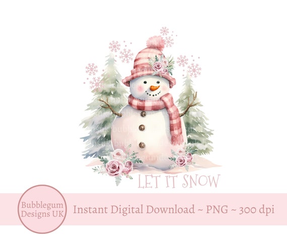 Let It Snow Christmas Snowman PNG, Pink Christmas Snowman, Christmas Sublimation, Santa Sack PNG, Card Design, Instant Digital Download
