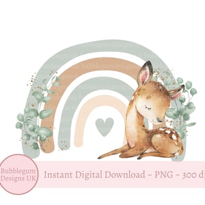 Baby Deer Regenbogen PNG, süße Reh Clipart, neues Baby Kartendesign, Woodland Geburtstag, sofortiger digitaler Download