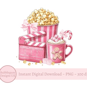 Puede incluir: Ilustración rosa con una cubeta de palomitas de maíz, una claqueta de cine con el texto "CHRISTMAS MOVIES" y una taza de chocolate caliente con malvaviscos y un bastón de caramelo. Confeti dorado y hombre de jengibre.