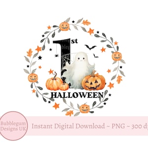 Mijn eerste Halloween PNG, Halloween-babyvestje PNG, 1e Halloween-spook, pompoenen, vleermuiskrans, Halloween-traktatietas, instant digitale download