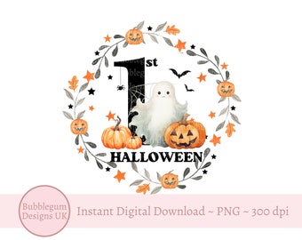 My First Halloween PNG, Halloween Baby Vest PNG, 1st Halloween Ghost, Pumpkins, Bat Wreath, Halloween Treat Bag, Instant Digital Download