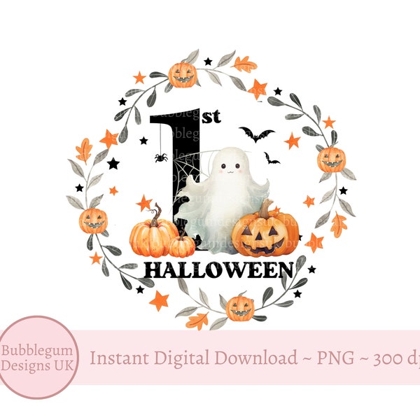 My First Halloween PNG, Halloween Baby Vest PNG, 1st Halloween Ghost, Pumpkins, Bat Wreath, Halloween Treat Bag, Instant Digital Download