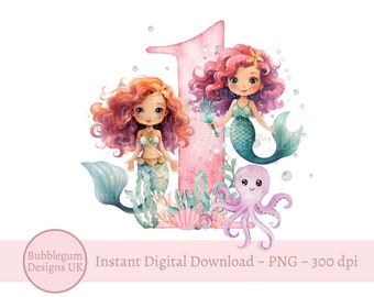 Mermaids PNG, Mermaid 1st Birthday Sublimation Design, Under the Sea PNG, Mermaid Digital Design, Mermaid Birthday, Instant Digital Download