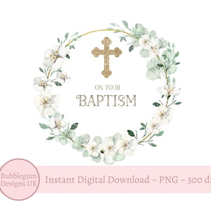 Sulla tua corona del battesimo PNG, disegno di sublimazione del battesimo, corona floreale di eucalipto, croce, giorno del battesimo, download digitale istantaneo