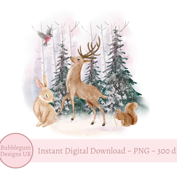 Winter Forest Animals PNG ~ Woodland Deer Design, Deer Clip Art, Christmas Sublimation Design,  Card Design, Instant Digital Download